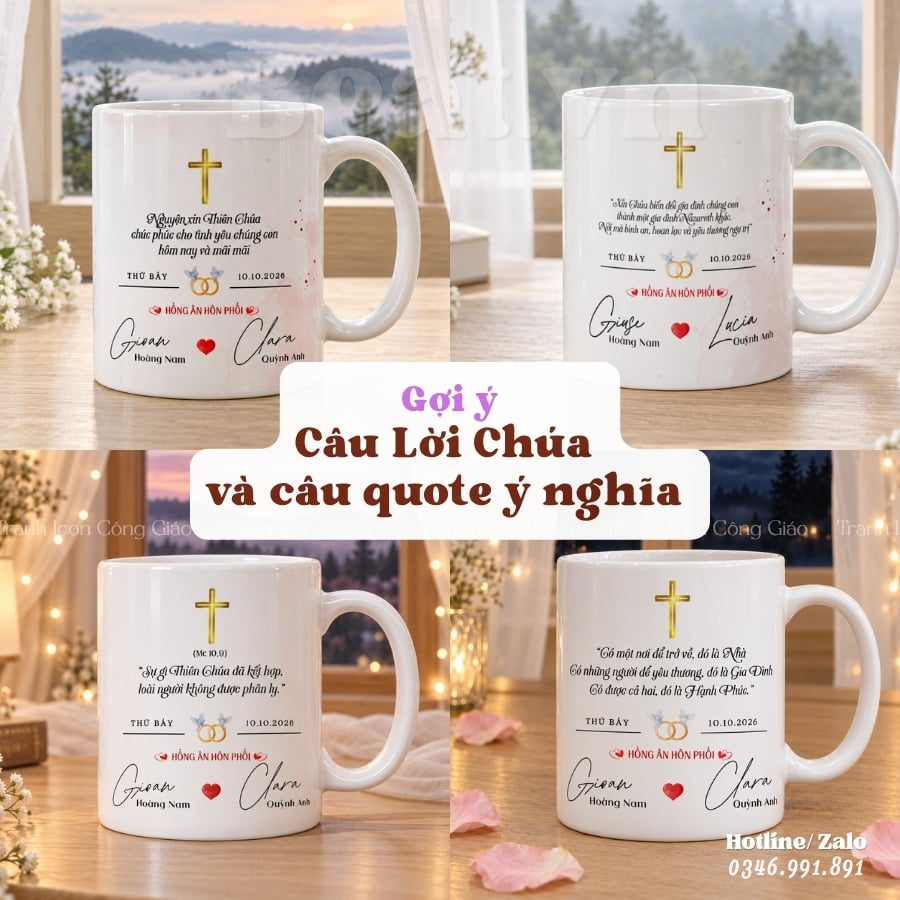 Ly sứ trắng in câu Kinh Thánh về hôn nhân Công Giáo