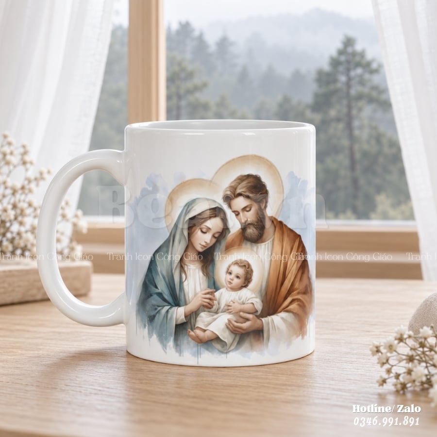 Ly sứ trắng in hình Thánh Gia Thất làm quà cưới Công Giáo