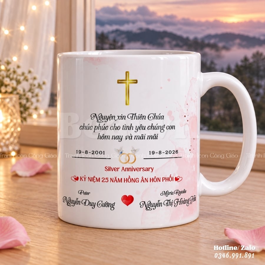 Ly sứ làm quà đám cưới Công Giáo in tên cô dâu chú rể
