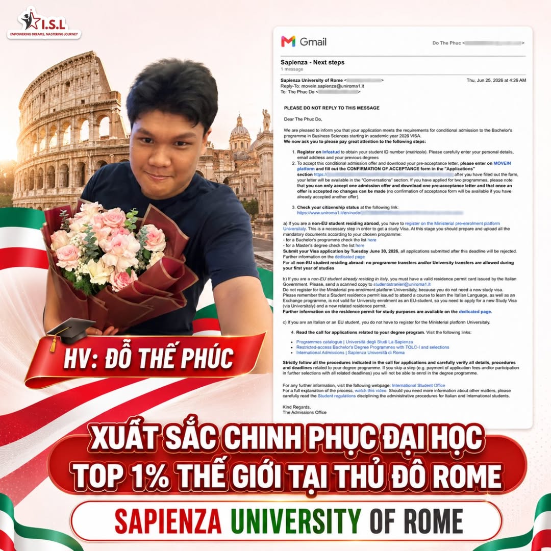 Đỗ Thế Phúc trúng tuyển Sapienza Rome – ĐH top 128 thế giới tại Ý - ISL Education