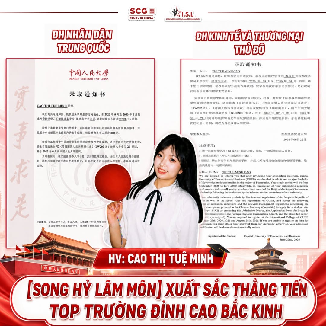 Cao Thị Tuệ Minh song hỷ: RUC học bổng toàn phần Tài chính + CUEB - ISL Education