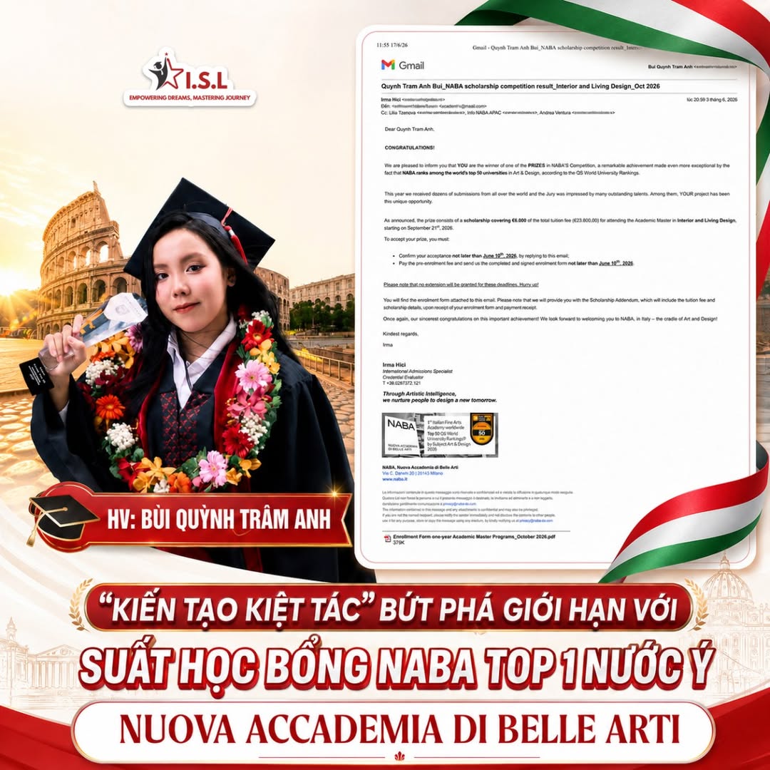 Bùi Quỳnh Trâm Anh giành học bổng NABA Milan – Thạc sĩ Thiết kế Nội thất - ISL Education