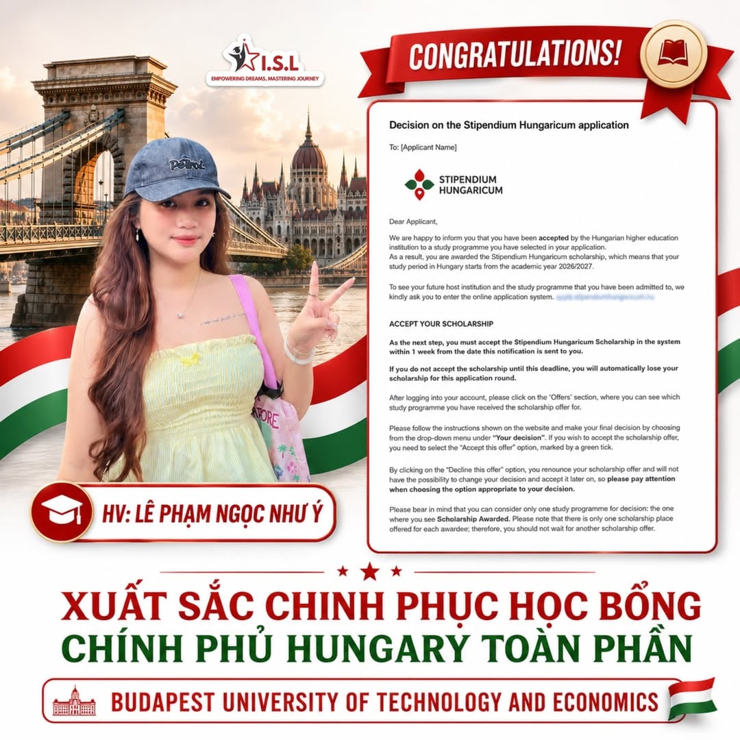 Lê Phạm Ngọc Như Ý giành học bổng Stipendium Hungaricum toàn phần ĐH Budapest - ISL Education