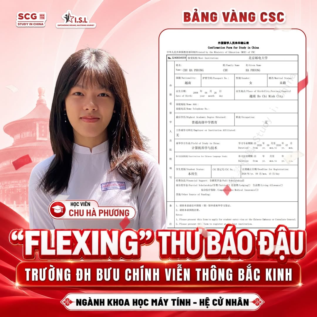 Chu Hà Phương đậu học bổng CSC toàn phần ĐH Bưu chính Viễn thông Bắc Kinh - ISL Education