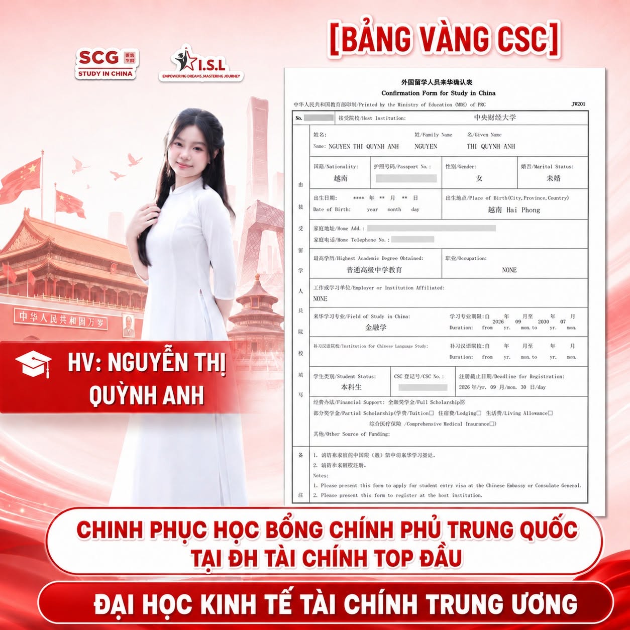 Nguyễn Thị Quỳnh Anh đậu học bổng CSC toàn phần ĐH Kinh tế Tài chính Trung Ương - ISL Education