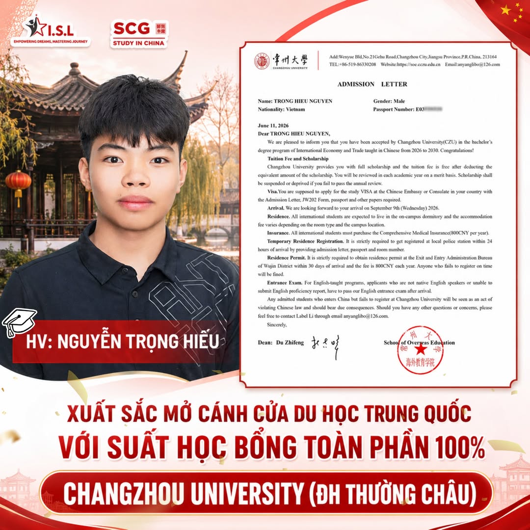Nguyễn Trọng Hiếu trúng tuyển ĐH Thường Châu + học bổng miễn 100% học phí - ISL Education
