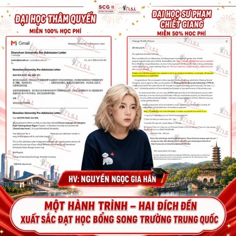Nguyễn Ngọc Gia Hân đạt học bổng song trường: Đại học Thâm Quyến & Đại học Sư phạm Chiết Giang