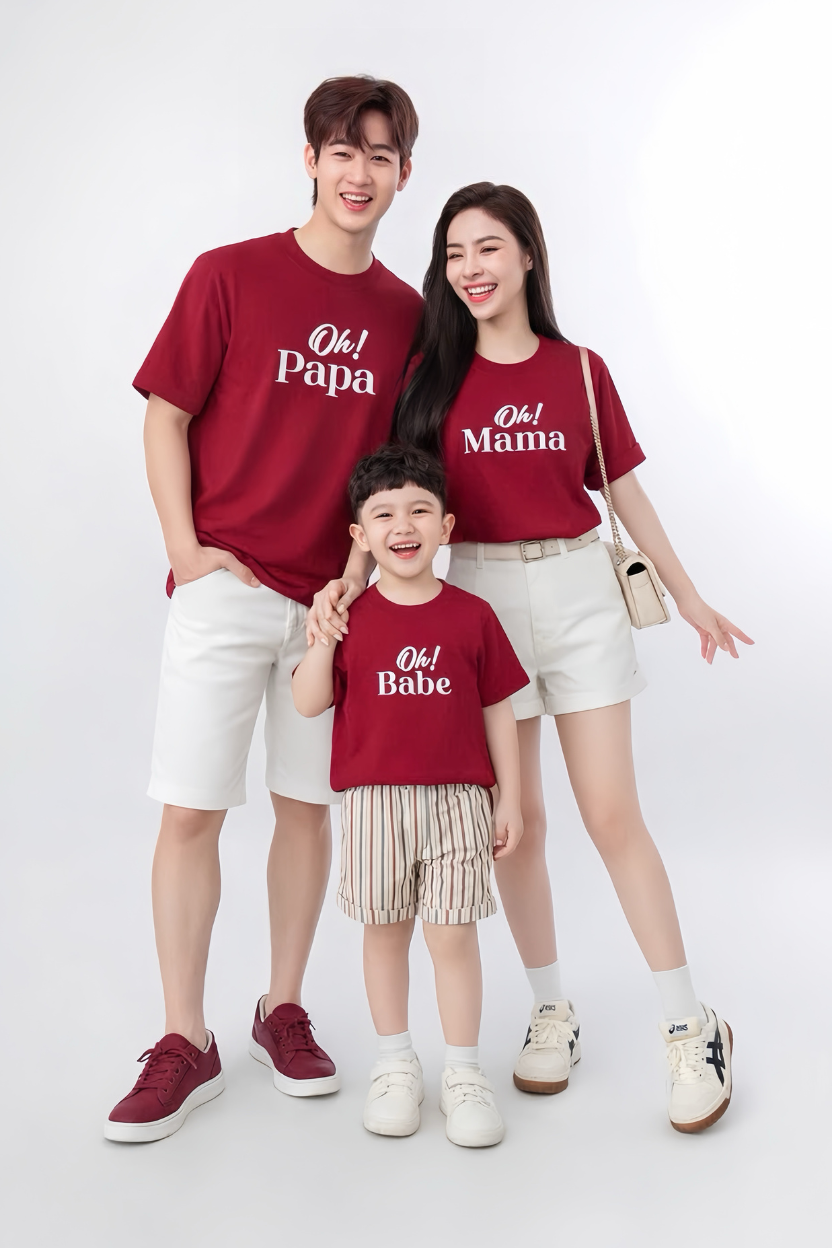 Mẫu áo gia đình PAMAOI Áo đỏ Oh PAPA MAMA BABE