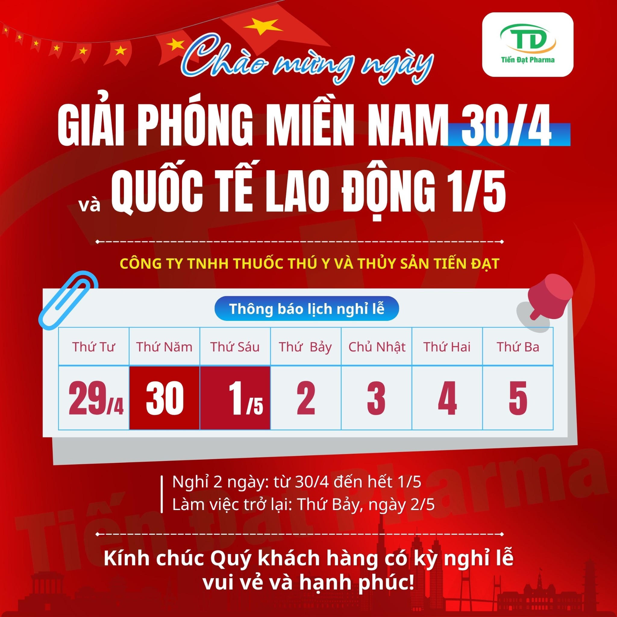 THÔNG BÁO NGHỈ LỄ 30/4 – 01/5