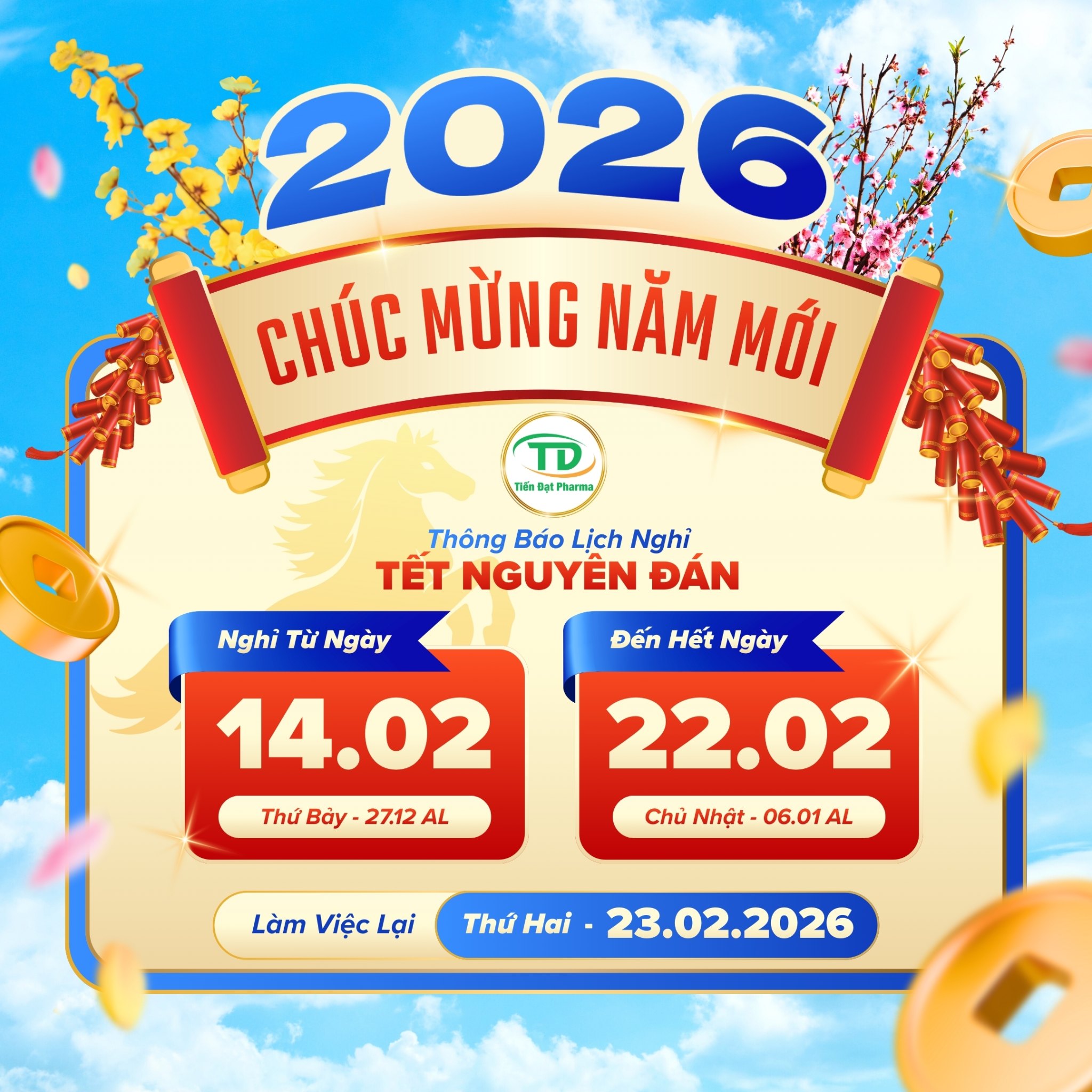 📢 THÔNG BÁO LỊCH NGHỈ TẾT NGUYÊN ĐÁN 2026 – TIẾN ĐẠT PHARMA