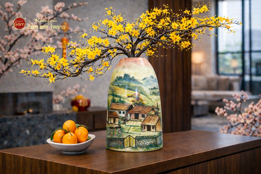BÌNH HOA DÁNG CHUÔNG HỌA TIẾT LÀNG QUÊ