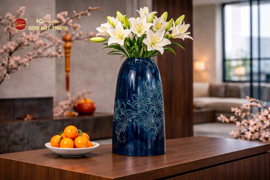 Bình&nbsp;Hoa Dáng Chuông Tráng Men&nbsp;Khắc Hoa Lá