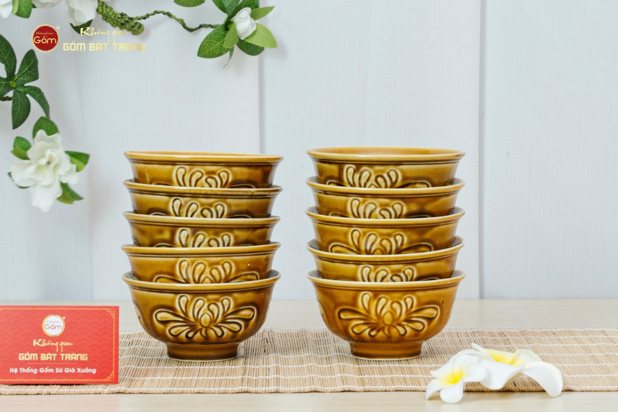 Bộ Bát Cơm Men Nâu Vân Hoa Cúc