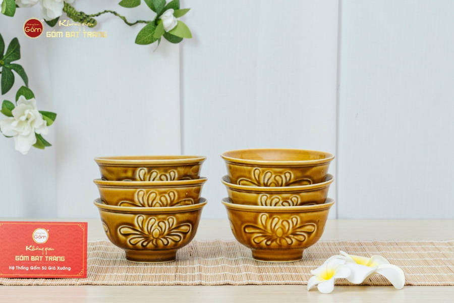 Bộ Bát Cơm Men Nâu Vân Hoa Cúc