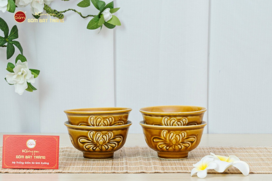 Bộ Bát Cơm Men Nâu Vân Hoa Cúc