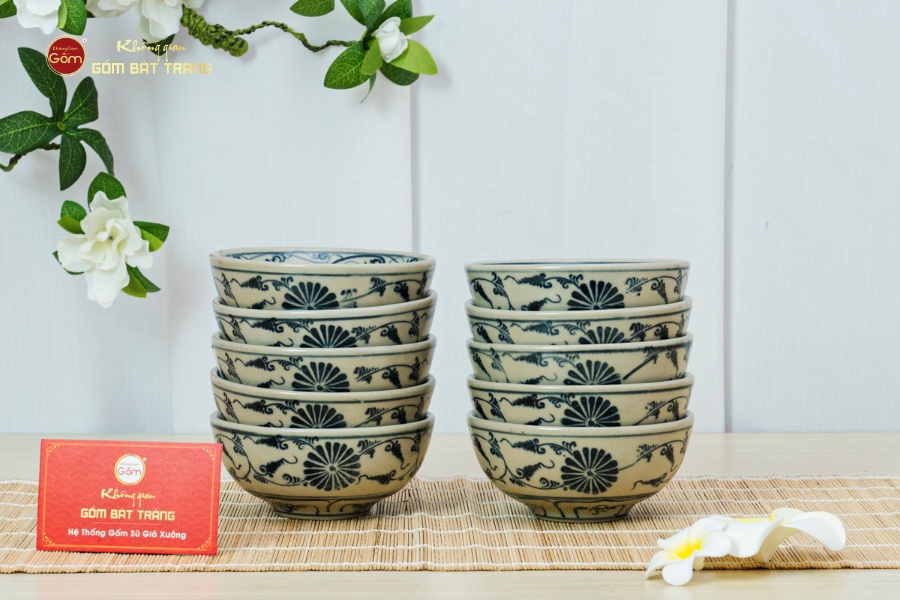 Bộ Bát Cơm Men Rạn Vẽ Cúc Đen