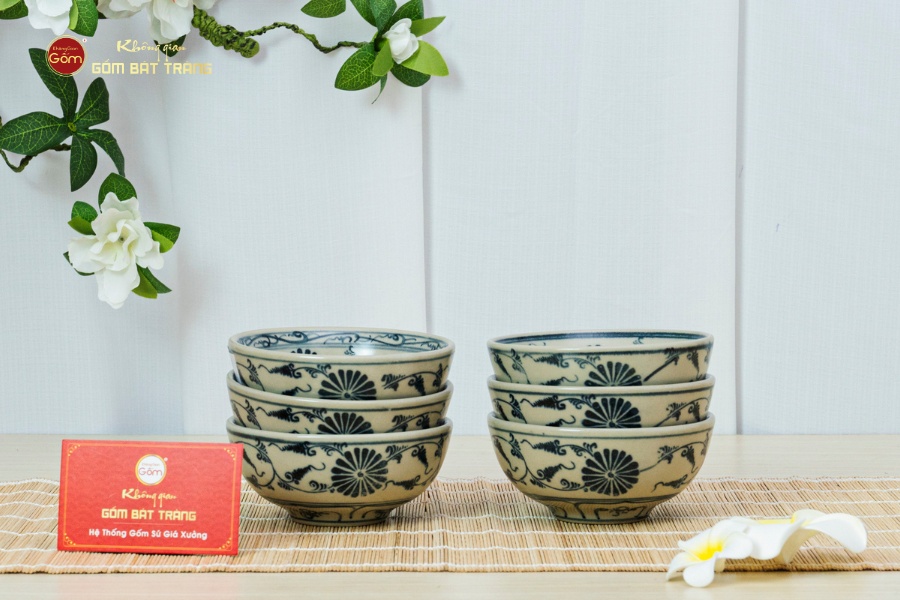 Bộ Bát Cơm Men Rạn Vẽ Cúc Đen