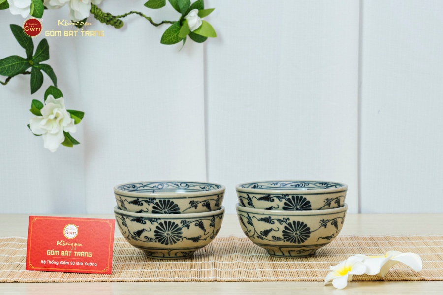 Bộ Bát Cơm Men Rạn Vẽ Cúc Đen