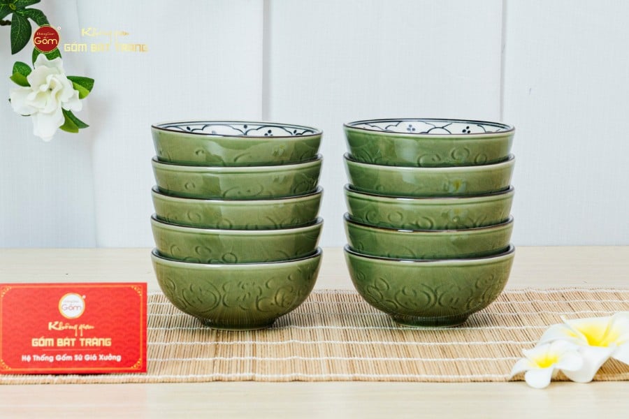 Bộ Bát Cơm Men Xanh Ngọc Vẽ Bèo