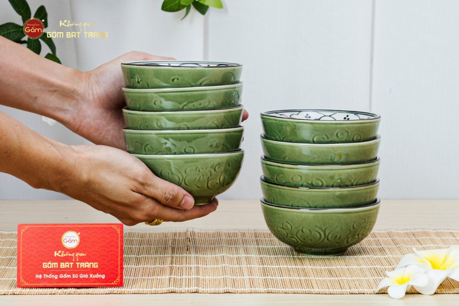 Bộ Bát Cơm Men Xanh Ngọc Vẽ Bèo