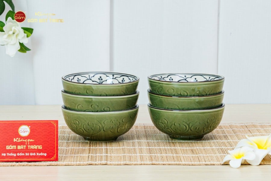 Bộ Bát Cơm Men Xanh Ngọc Vẽ Bèo