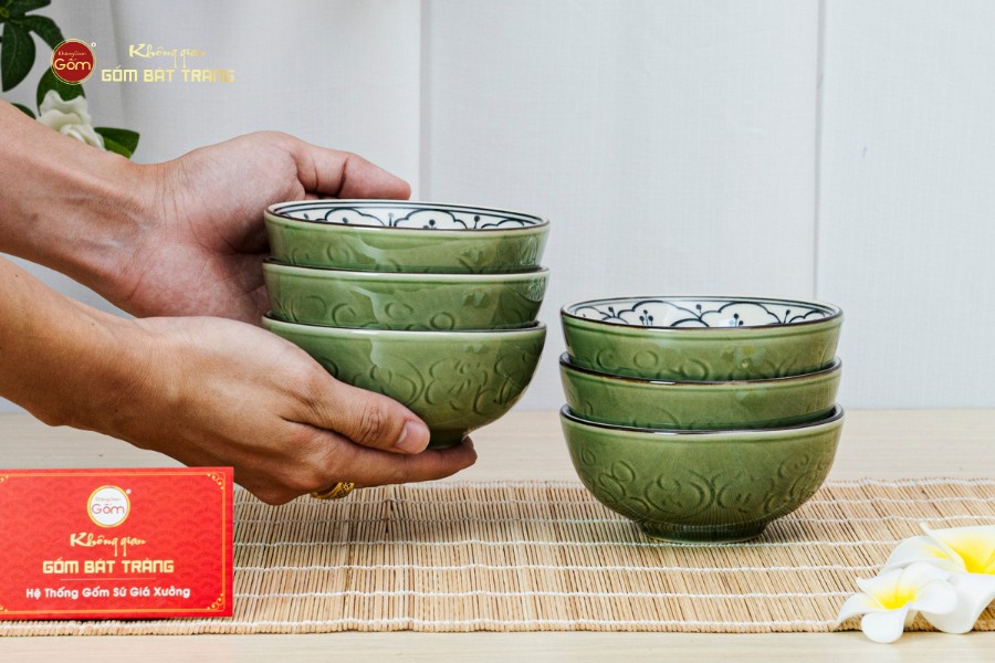 Bộ Bát Cơm Men Xanh Ngọc Vẽ Bèo