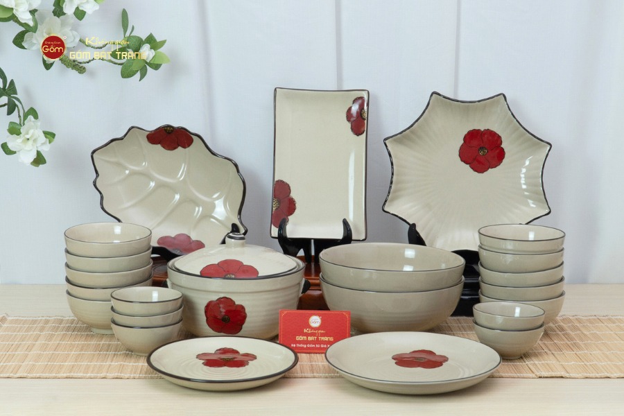 Bộ Bàn Ăn 10 Người (23 món) Men Hỏa Biến Hoa Sứ Đỏ