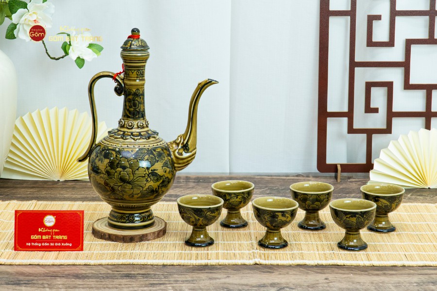 Bộ Bình Rượu Vẽ Tay Hoa Phù Dung Cổ