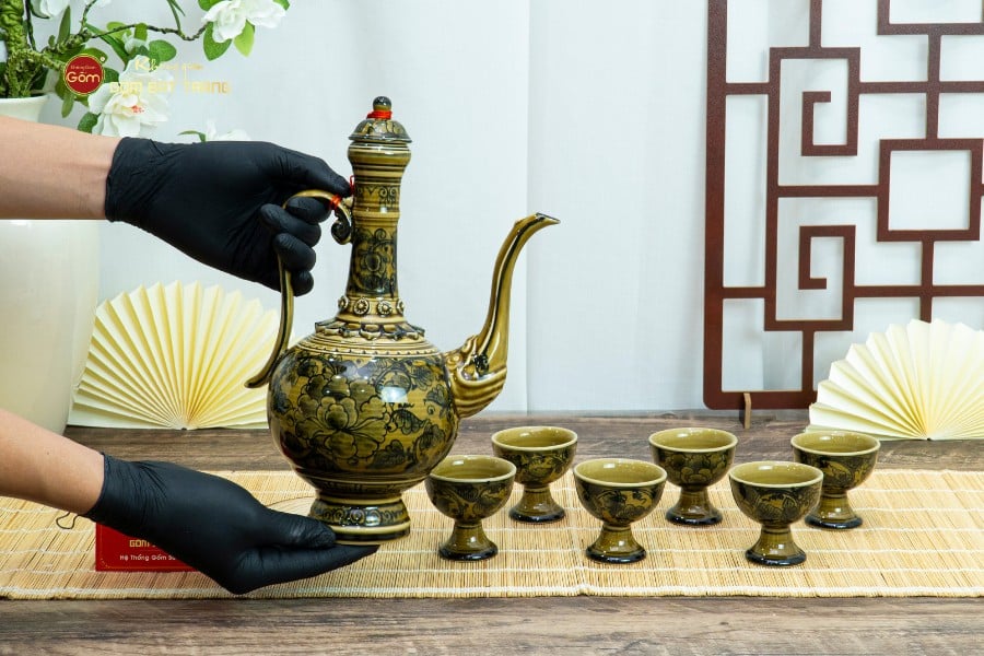 Bộ Bình Rượu Vẽ Tay Hoa Phù Dung Cổ