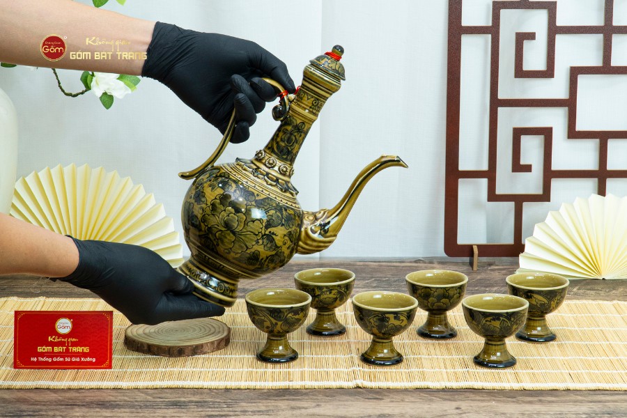 Bộ Bình Rượu Vẽ Tay Hoa Phù Dung Cổ