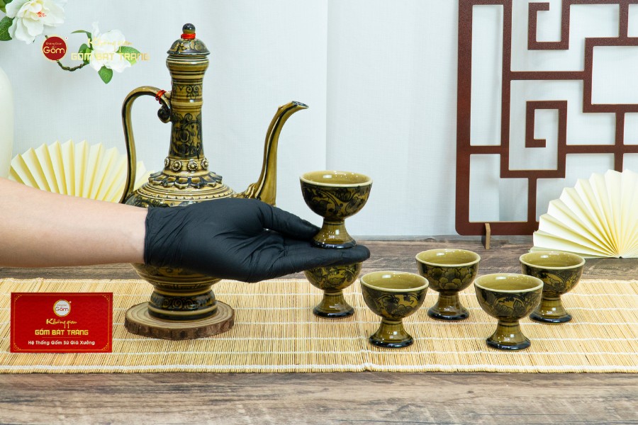 Bộ Bình Rượu Vẽ Tay Hoa Phù Dung Cổ