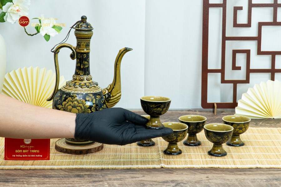 Bộ Bình Rượu Vẽ Tay Hoa Phù Dung Nền Đen