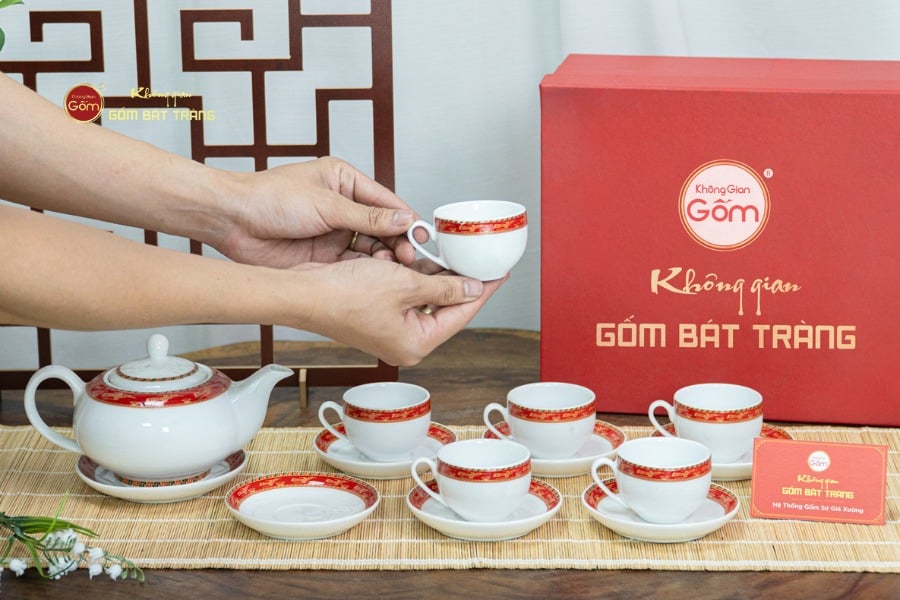 Bộ Trà Men Trắng Minh Nguyệt Viền Chim Hạc Đỏ
