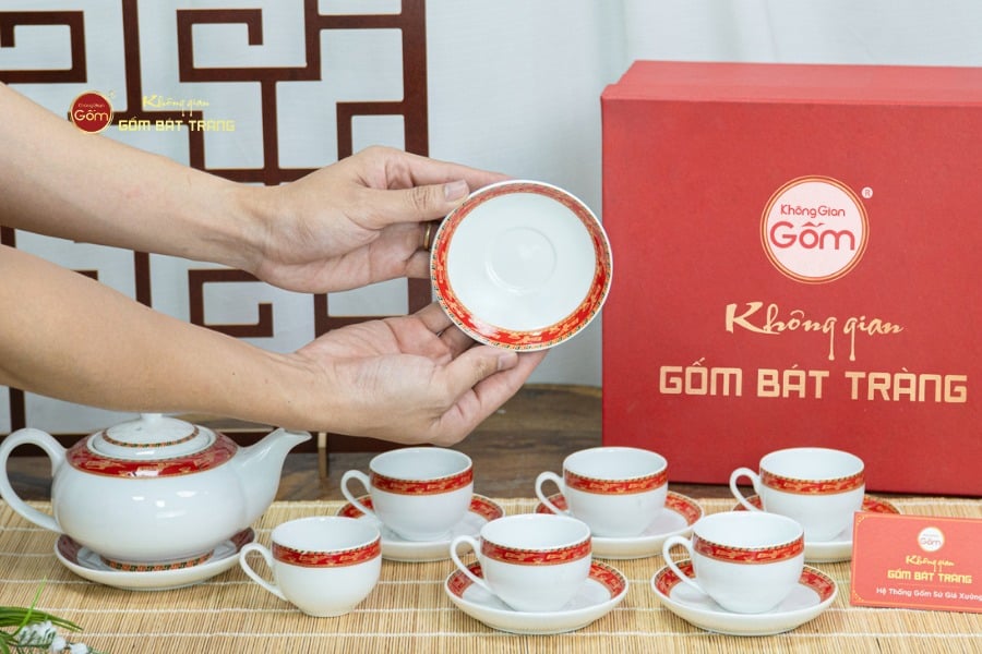 Bộ Trà Men Trắng Minh Nguyệt Viền Chim Hạc Đỏ