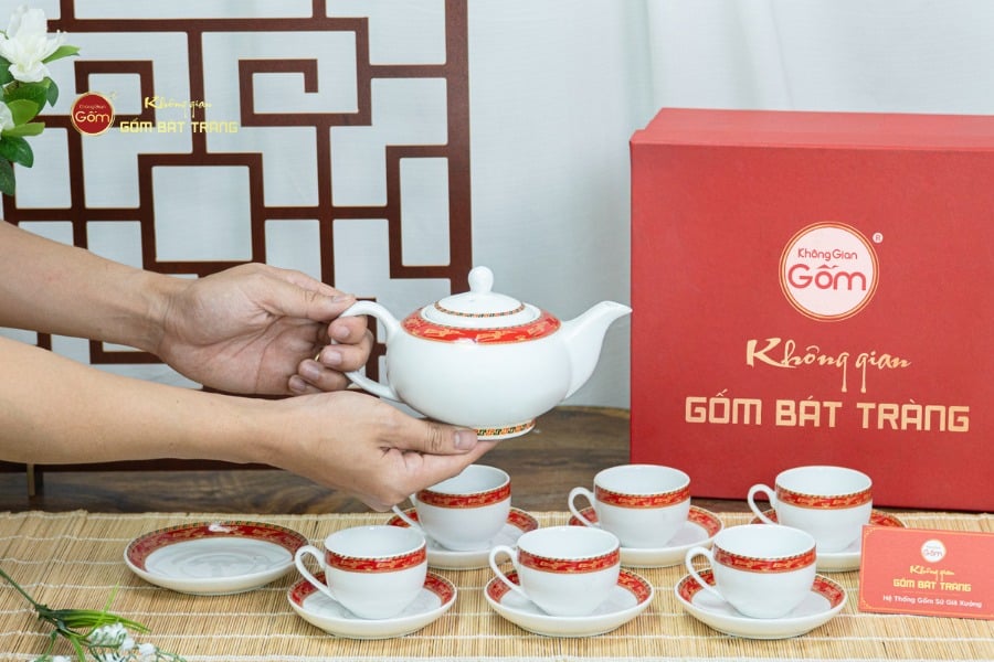 Bộ Trà Men Trắng Minh Nguyệt Viền Chim Hạc Đỏ