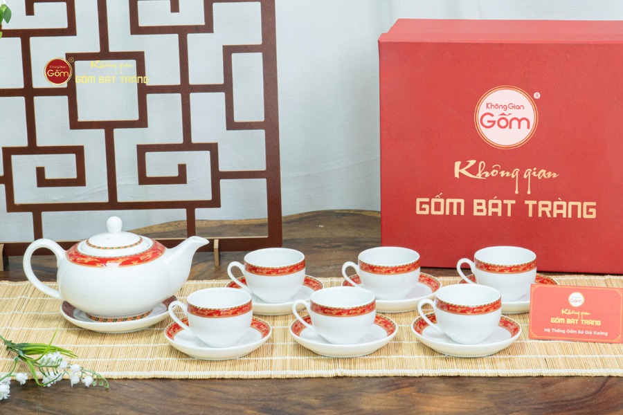 Bộ Trà Men Trắng Minh Nguyệt Viền Chim Hạc Đỏ