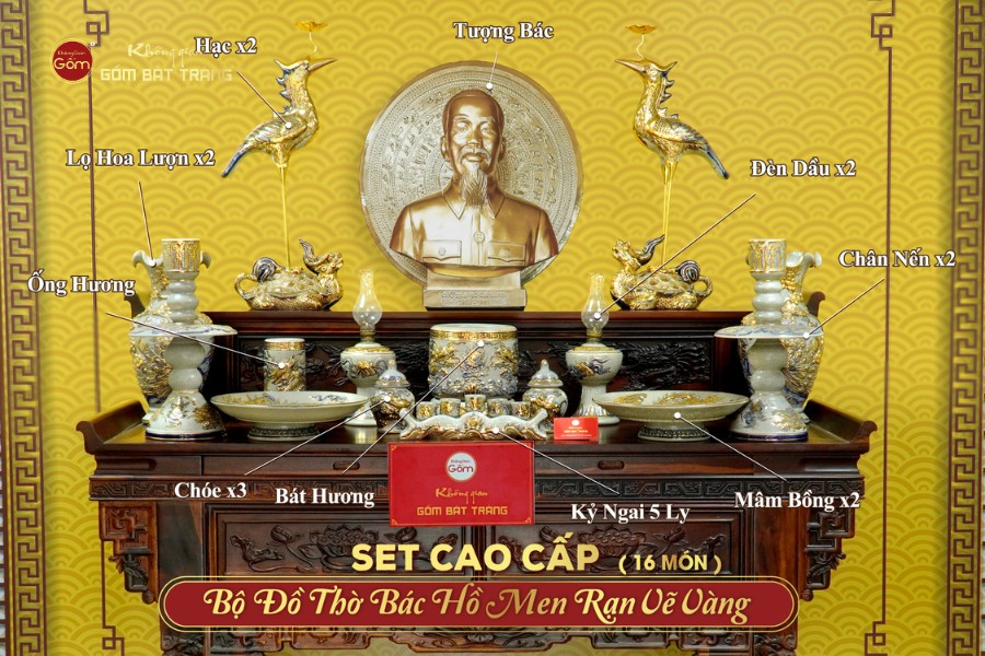 [Set Cao Cấp] Bộ Đồ Thờ Bác Hồ Men Rạn Vẽ Vàng (15 món)
