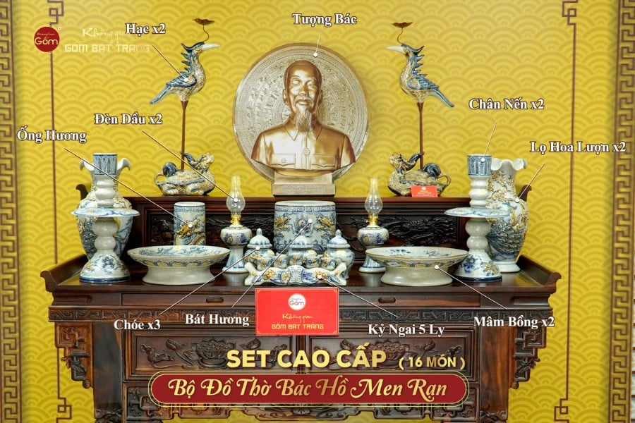 [Set Cao Cấp] Bộ Đồ Thờ Bác Hồ Men Rạn (16 món)