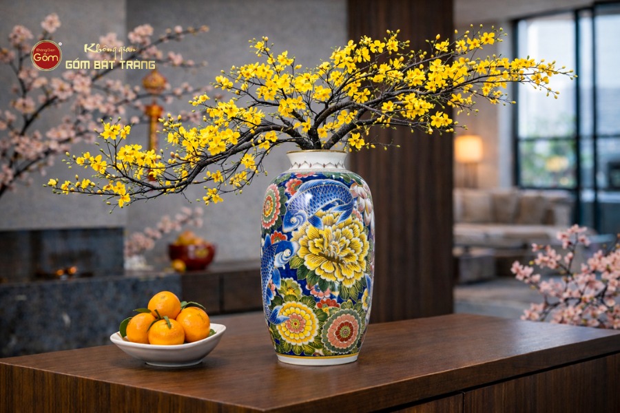 Lọ Hoa Dáng Ống Hoa Sen Chép Vẽ Vàng