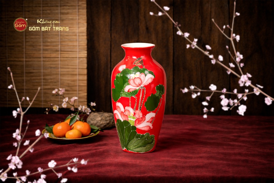 Lọ Hoa Men Màu Đắp Nổi Hoa Sen