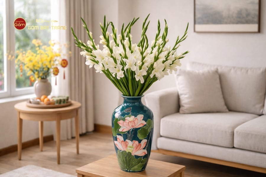 Lọ Hoa Men Màu Đắp Nổi Hoa Sen