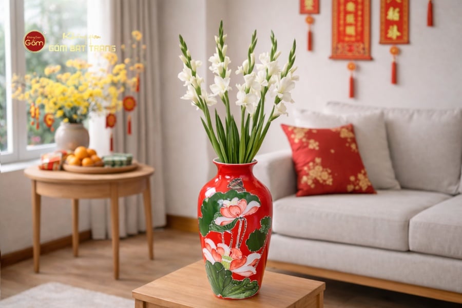 Lọ Hoa Men Màu Đắp Nổi Hoa Sen