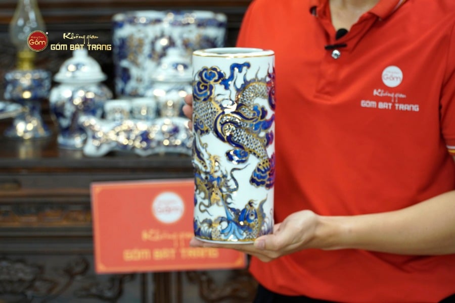 [Set Cao Cấp] Bộ Đồ Thờ Bác Hồ Men Lam Nổi Vẽ Vàng (16 món)