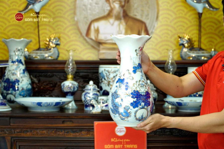 [Set Cao Cấp] Bộ Đồ Thờ Bác Hồ Men Lam Vẽ Vàng (16 món)