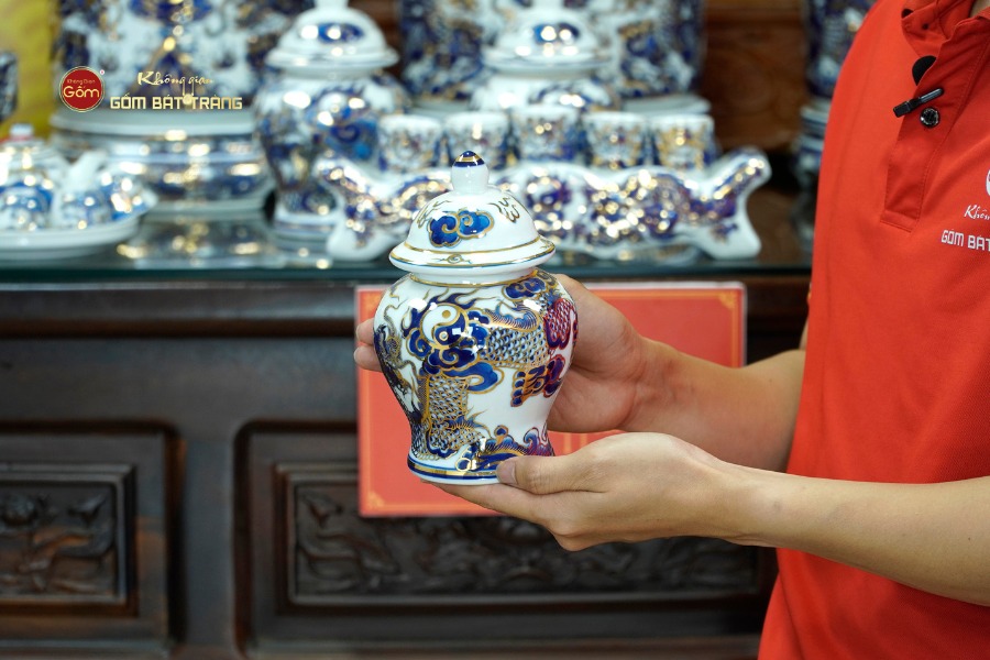 [Set Cao Cấp] Bộ Đồ Thờ Gia Tiên Men Lam Nổi Vẽ Vàng (17 món)