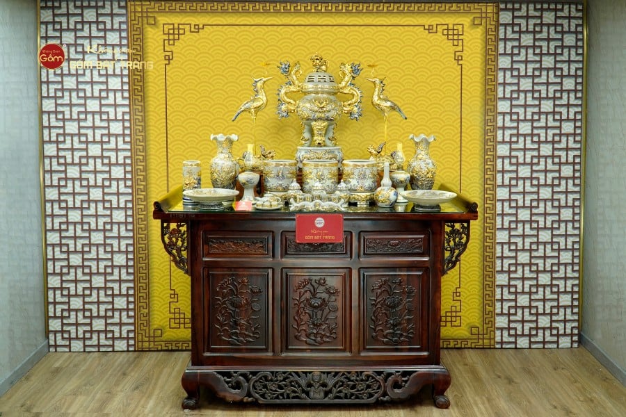 [Set Cao Cấp] Bộ Đồ Thờ Gia Tiên Men Rạn Vẽ Vàng (17 món)