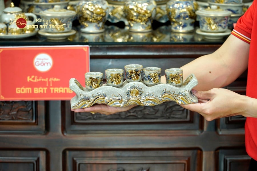 [Set Cao Cấp] Bộ Đồ Thờ Gia Tiên Men Rạn Vẽ Vàng (17 món)