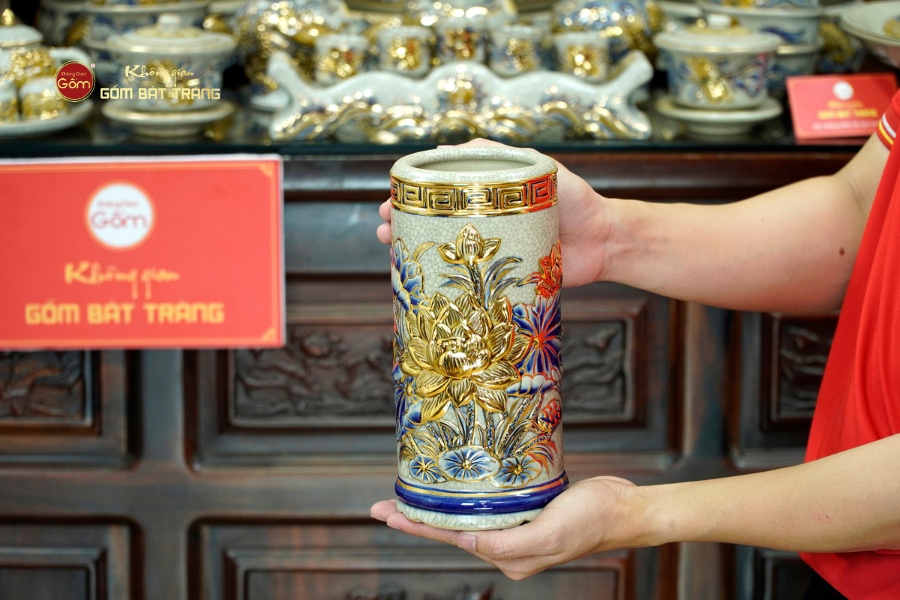 [Set Cao Cấp] Bộ Đồ Thờ Gia Tiên Men Rạn Vẽ Vàng (17 món)