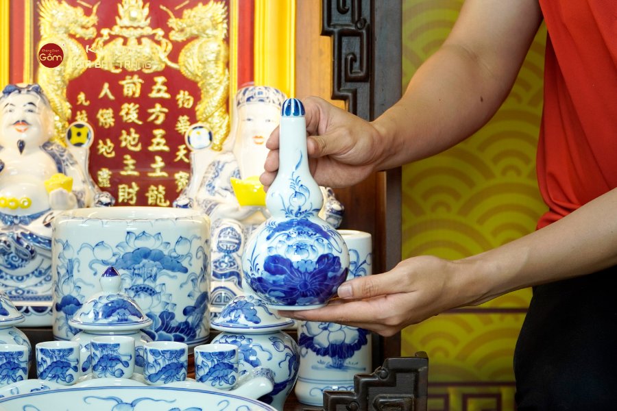 [Set Cao Cấp] Bộ Đồ Thờ Thần Tài Thổ Địa Men Lam (11 món)