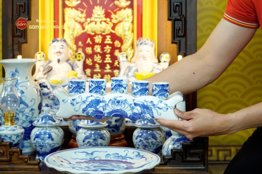 [Set Cao Cấp] Bộ Đồ Thờ Thần Tài Thổ Địa Men Lam (11 món)